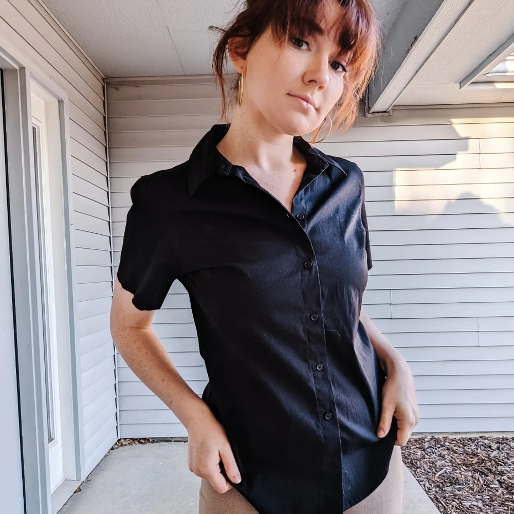 Black Button Up Raw Edge Top
